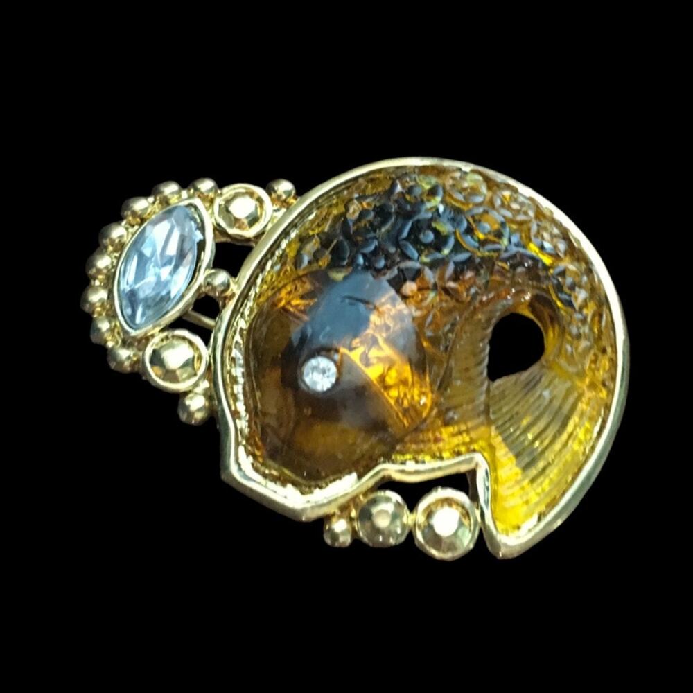 Gorgeous faux amber carved fish brooch, pin